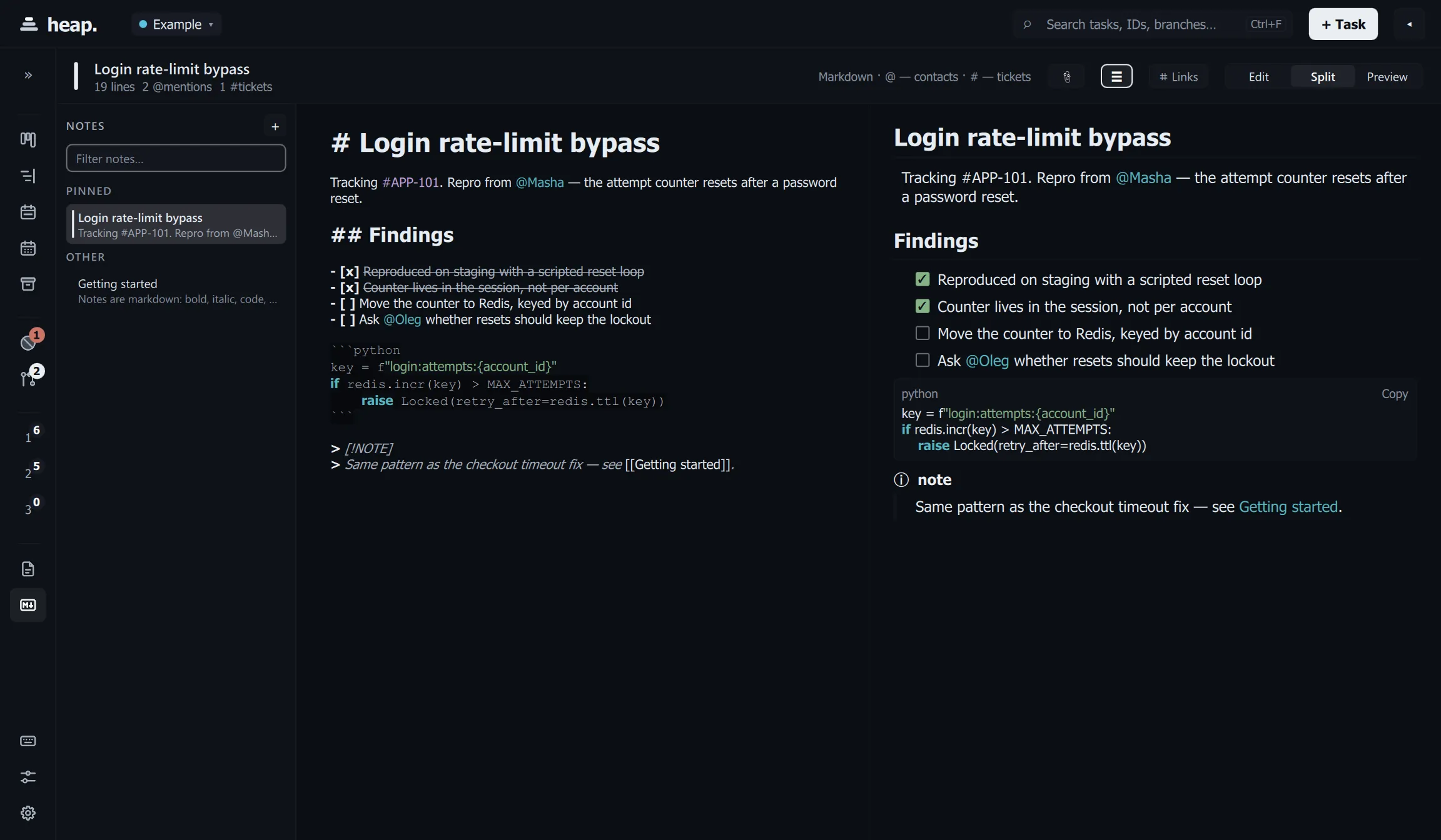 heap. notes: Markdown editor and rendered view
