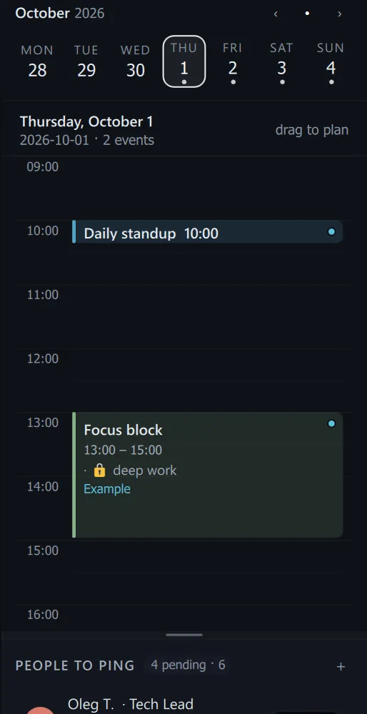 Day calendar with a focus block