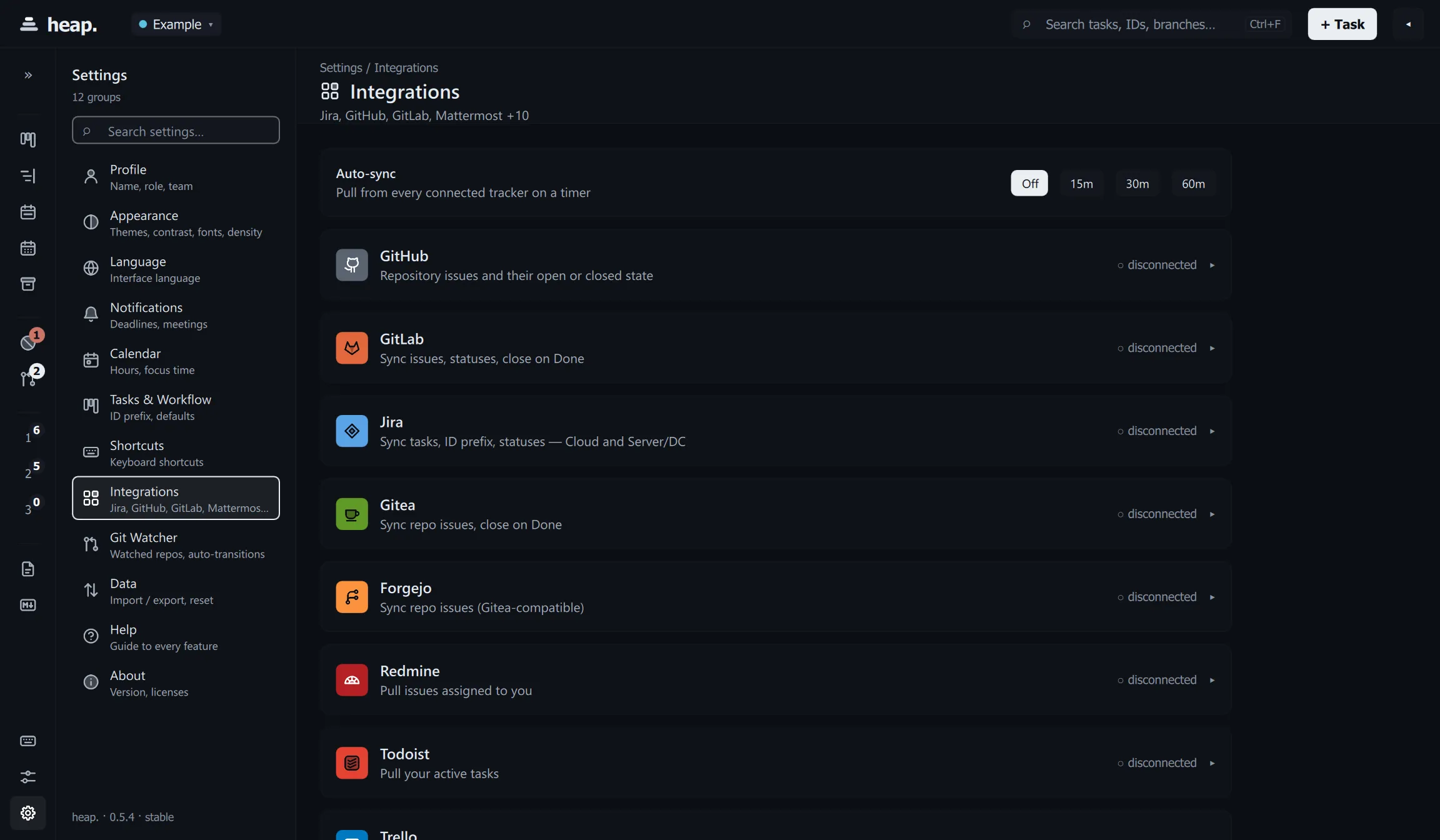 heap. settings: tracker integrations